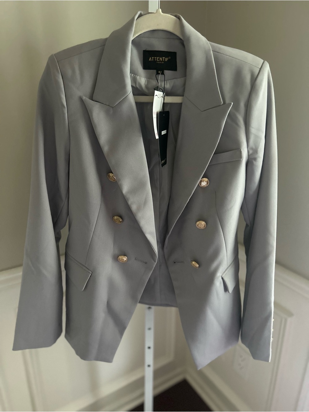 French Double-Breasted Gray Women's Blazer with Gold Buttons